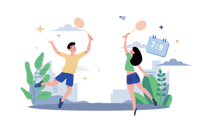 Couple jouant au badminton  Illustration