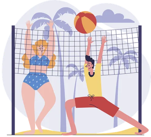 Couple jouant au volley-ball à la plage pendant les vacances d'été  Illustration