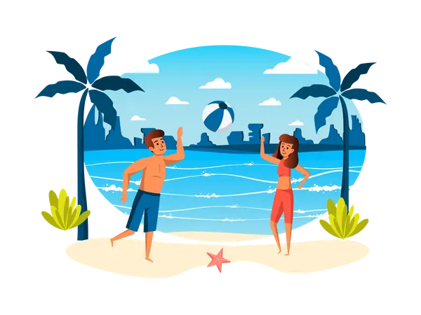 Couple jouant avec le ballon sur la plage  Illustration