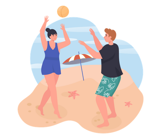 Couple jouant avec le ballon sur la plage  Illustration