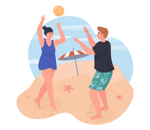 Couple jouant avec le ballon sur la plage  Illustration