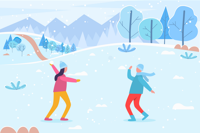 Couple jouant dans la neige  Illustration