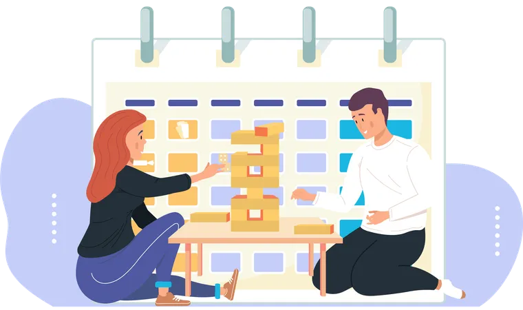 Un couple joue à la tour Jenga  Illustration