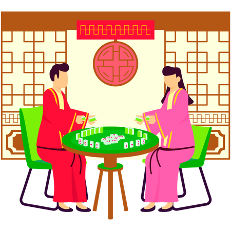 Couple jouant au mahjong à la fête du nouvel an  Illustration