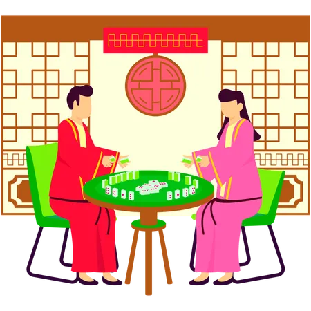 Couple jouant au mahjong à la fête du nouvel an  Illustration