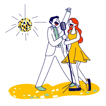 Joyeux couple chantant une chanson avec des microphones dans un bar karaoké ou une discothèque avec stroboscope  Illustration