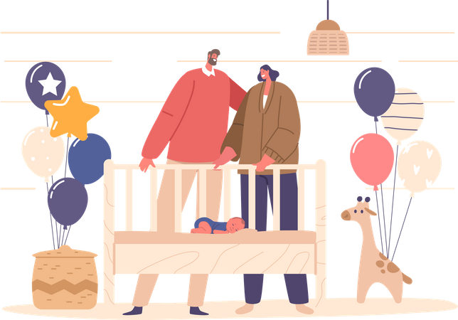 Joyeux couple regardant leur nouveau-né dormir à la maison dans un berceau  Illustration