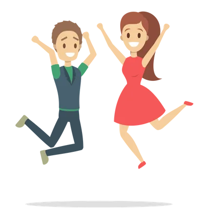 Couple Of Happy People Jumping Celebration And Joy Guy And Girl Full Of Energy Jump In The Air Flat Vector Illustration Illustration