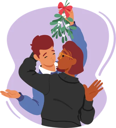 Couple Kisses Under Mistletoe Hearts Aglow Love Sweetest Tradition Their Joy Wrapped In A Holiday Embrace Loving Male And Female Characters Amidst Festive Glow Cartoon People Vector Illustration Illustration
