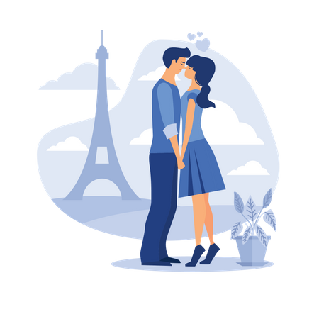 Couple kissing each other at Eiffel tower Illustration