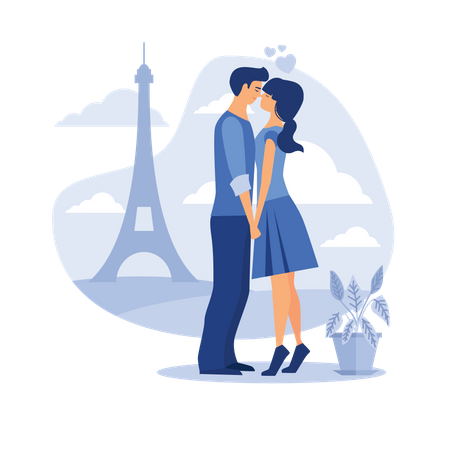 Couple kissing each other at Eiffel tower  Illustration