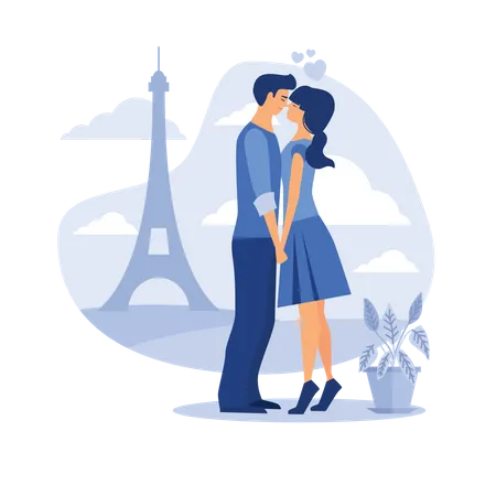 Couple kissing each other at Eiffel tower  Illustration