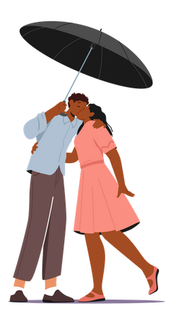Couple kissing each other in rain Illustration