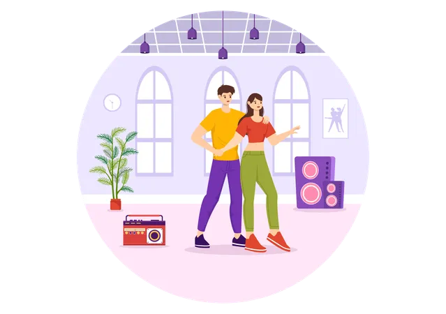 Dance Studio Vector Illustration With Dancing Couples Performing Accompanied By Music In Flat Cartoon Background Design Illustration