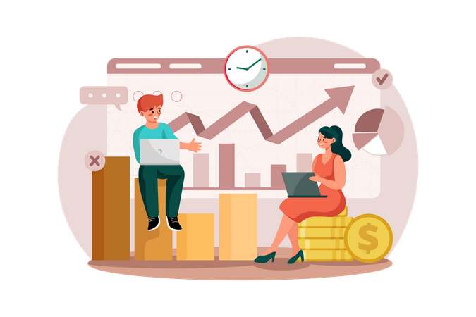 Couple learning how to make more profits from the stocks market Illustration