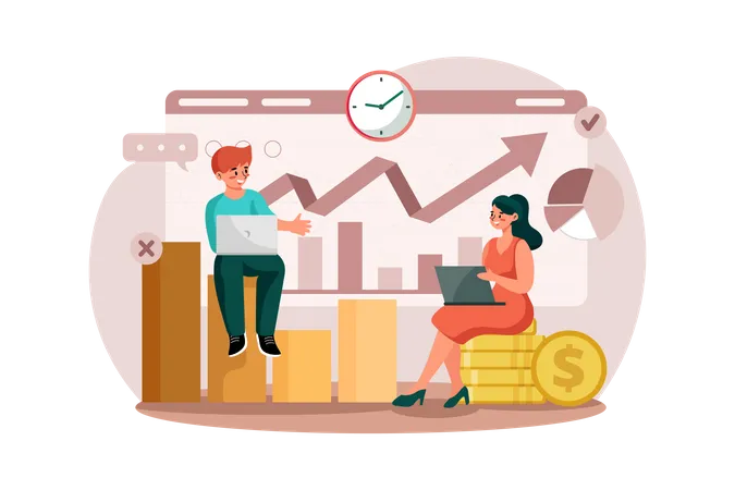 Couple learning how to make more profits from the stocks market  Illustration
