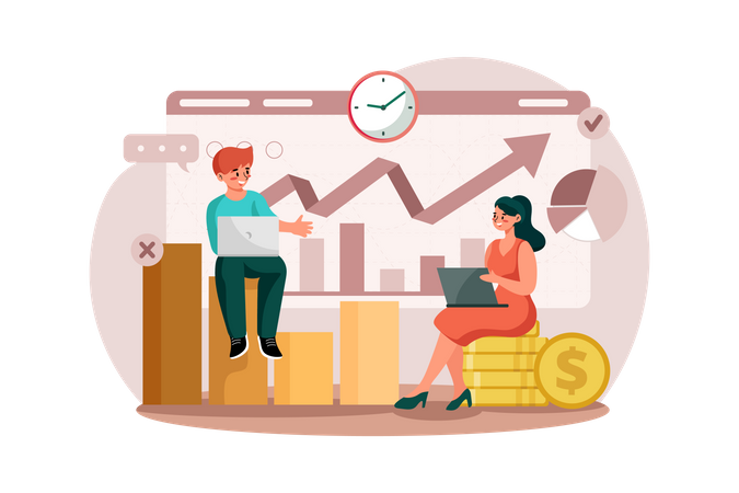 Couple learning how to make more profits from the stocks market  Illustration