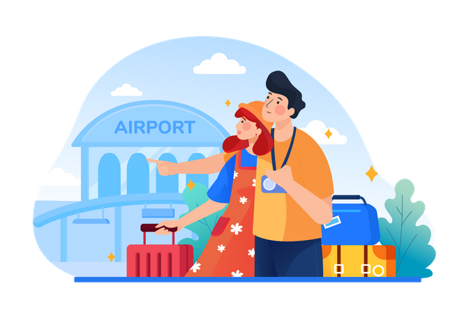Couple going airport for vacation Illustration