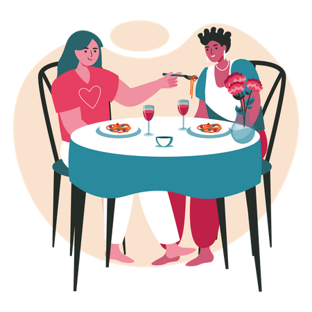 Couple de lesbiennes en rendez-vous pour un dîner  Illustration