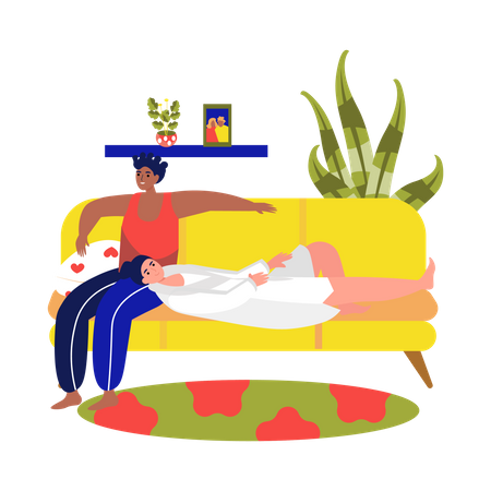 Couple de lesbiennes se relaxant sur un canapé  Illustration