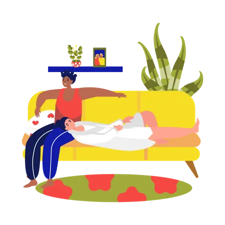 Couple de lesbiennes se relaxant sur un canapé  Illustration