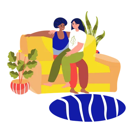 Couple de lesbiennes se relaxant sur un canapé  Illustration