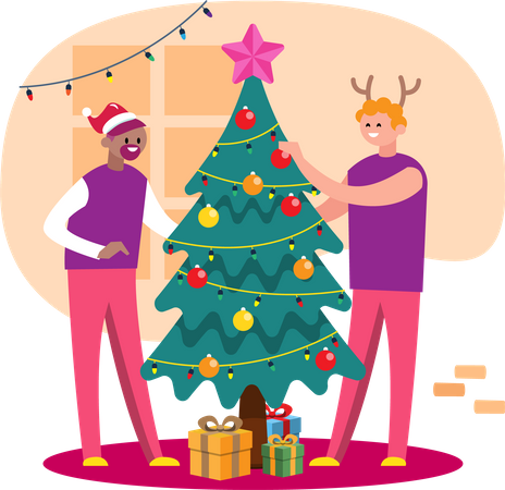 Couple LGBTQ décorant le sapin de Noël  Illustration