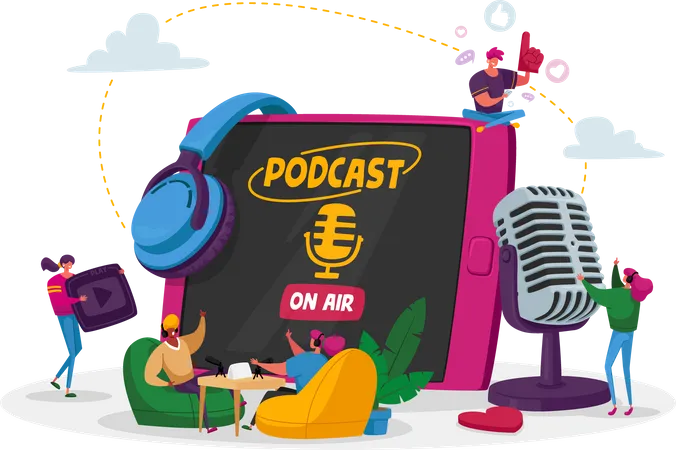 Podcast Comic Talks Or Audio Program Online Broadcasting Concept Tiny Male Female Characters With Microphone And Headset At Huge Tablet Livestream Entertainment Cartoon People Vector Illustration Illustration