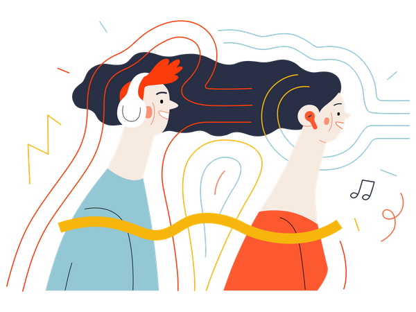 Couple listening podcast on headphones  Illustration