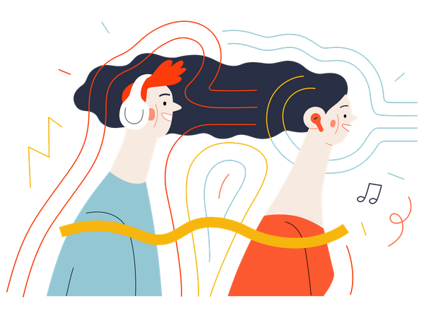 Couple listening podcast on headphones  Illustration