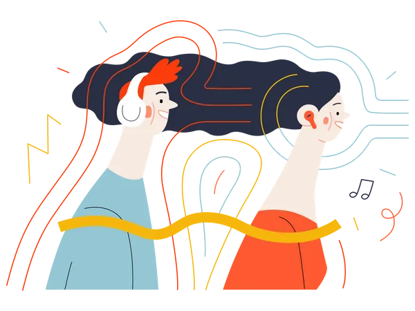 Couple listening podcast on headphones  Illustration