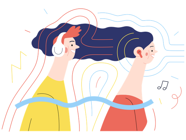 Couple listening podcast on headphones  Illustration