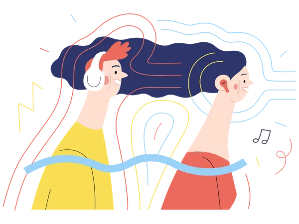 Couple listening podcast on headphones  Illustration