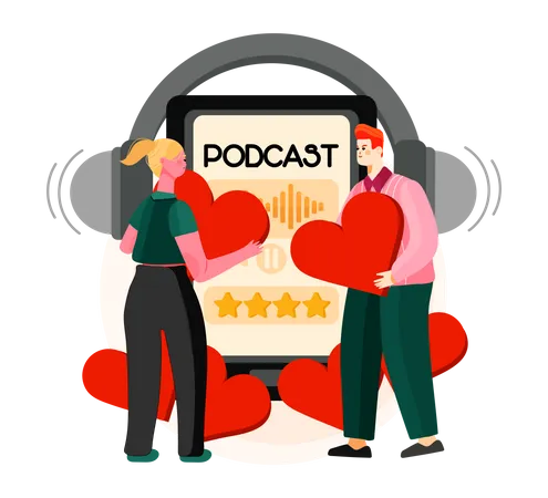 Couple listening romantic podcast  Illustration