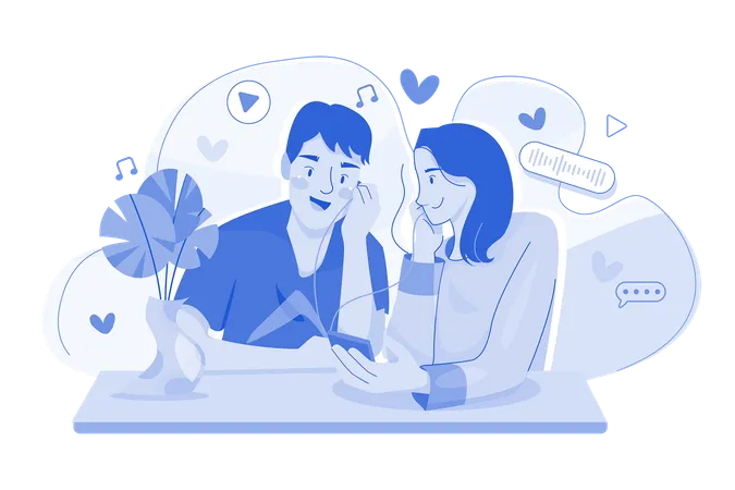 Couple Listening To A Romantic Podcast Illustration
