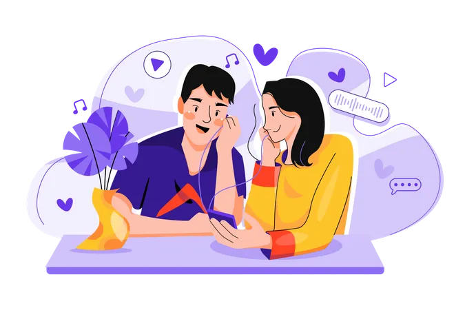 Couple listening to a romantic podcast  Illustration
