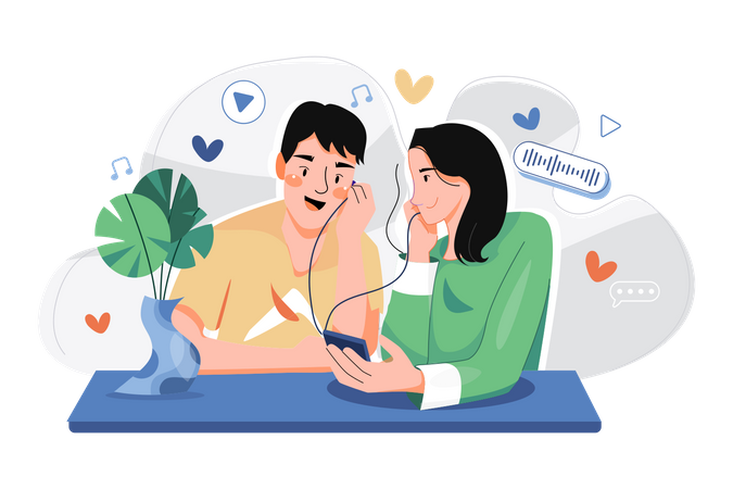Couple Listening To A Romantic Podcast  Illustration