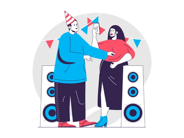 Couple listening to music and having fun Illustration