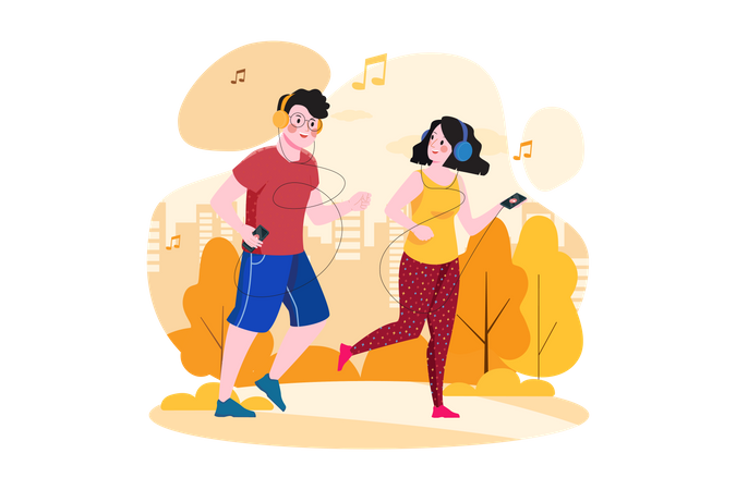 Couple listening to the podcast while jogging in the park Illustration