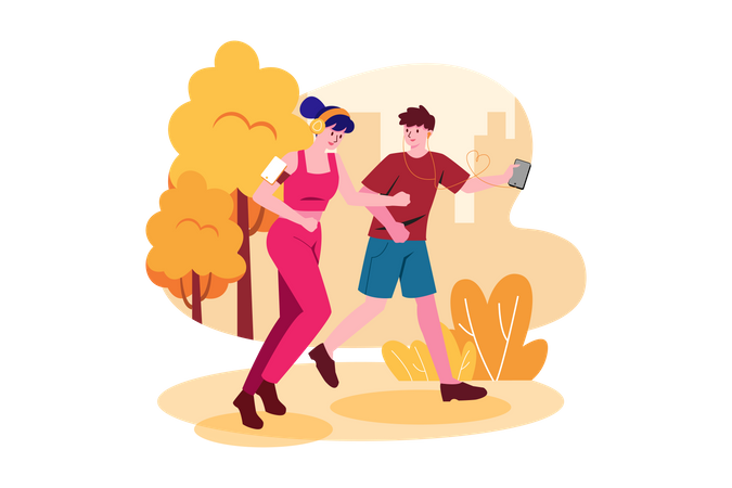 Couple listening to the podcast while jogging in the park Illustration