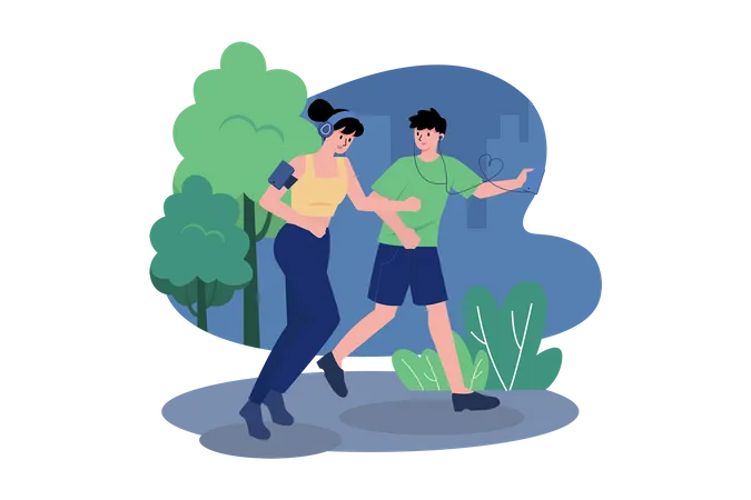 Couple Listening To The Podcast While Jogging In The Park  Illustration