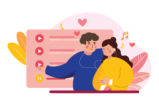 Couple listening valentine song together Illustration