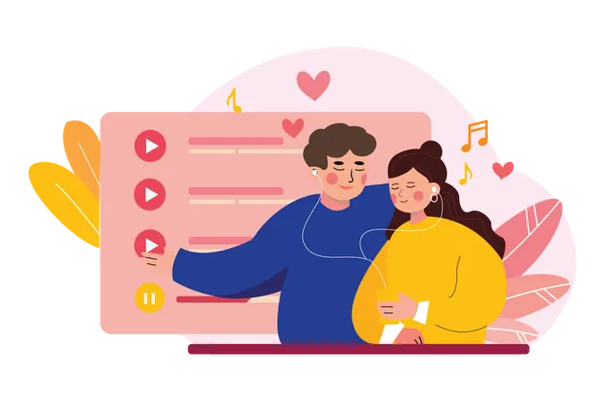 Couple listening valentine song together  Illustration