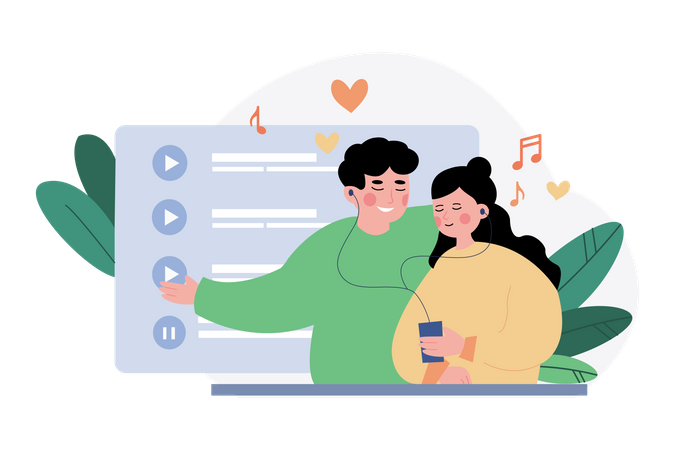 Couple listening valentine song together  Illustration