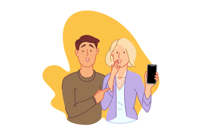 Rejoicing And Victory Celebration Concept Surprised Woman Holding Mobile Phone Couple Looking Astonished Pleasant Boyfriend And Girlfriend Good News Reaction Simple Flat Vector Illustration