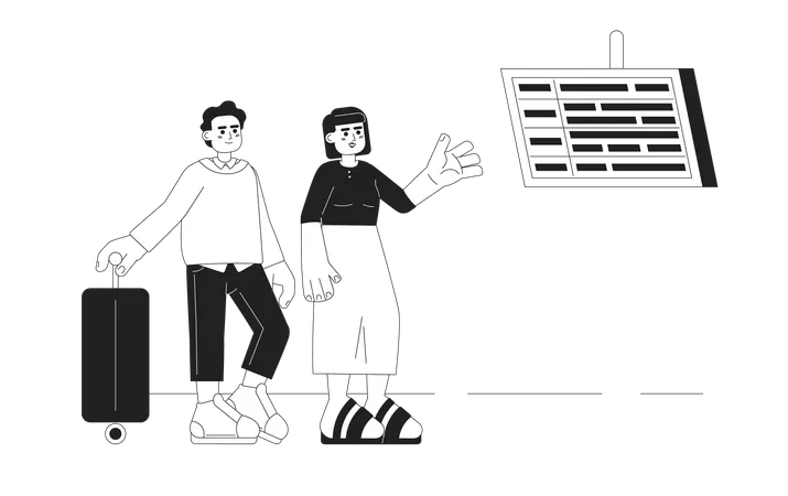 Airport Departure Board Monochrome Concept Vector Spot Illustration Tourists Checking Plane Departure 2 D Flat Bw Cartoon Characters On White For Web UI Design Isolated Editable Hand Drawn Hero Image イラスト