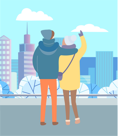 Couple looking at city view during winter  Illustration