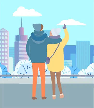 Couple looking at city view during winter  Illustration
