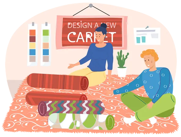 Couple looking at different carpet designs Illustration