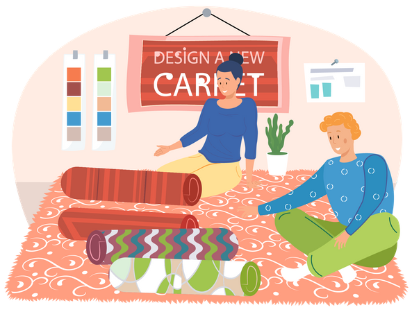 Couple looking at different carpet designs  Illustration